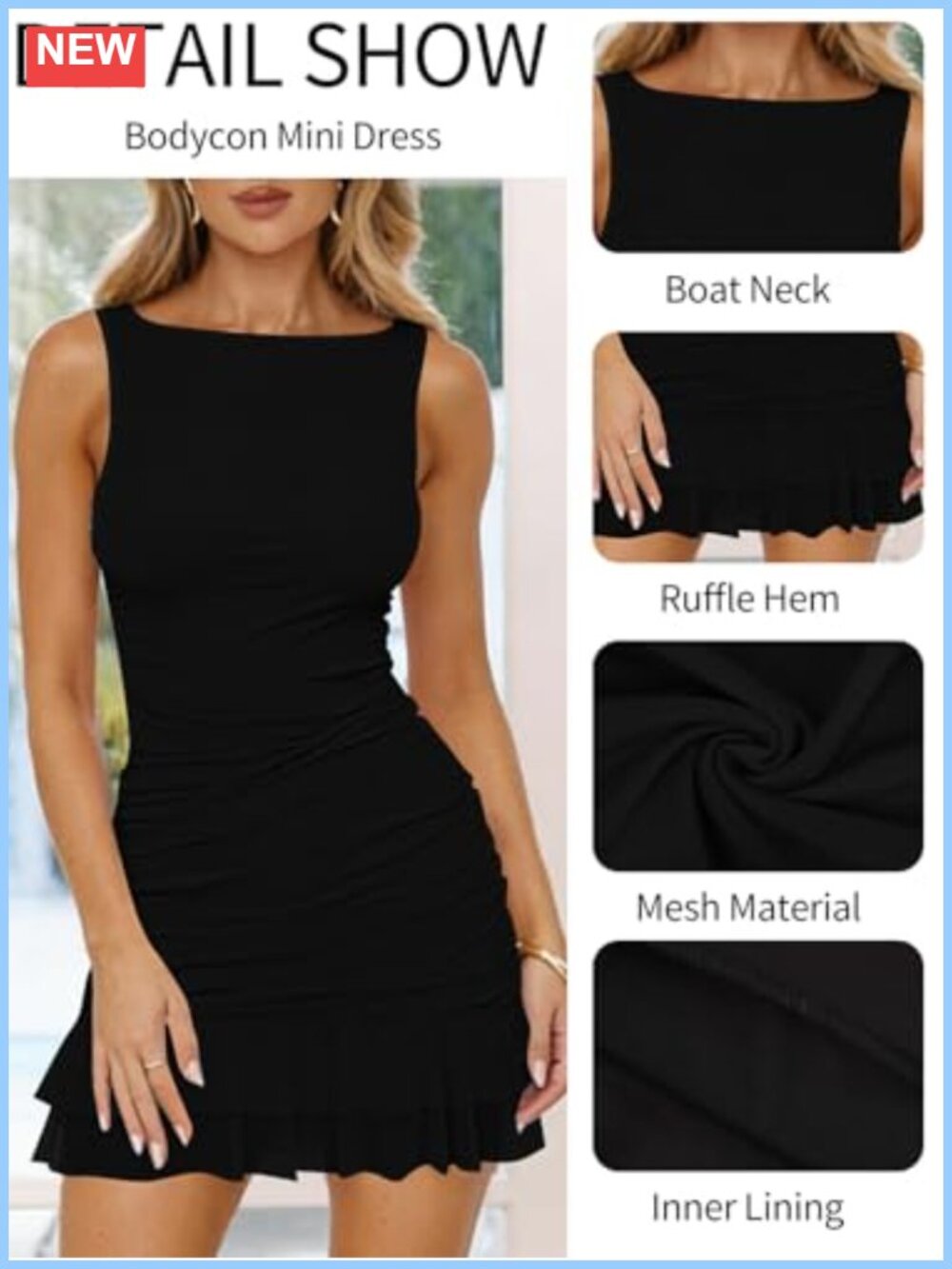 Women's Mesh Bodycon Mini Dress Boat Neck Ruched Ruffle Party Club Cocktail - Picture 3 of 6
